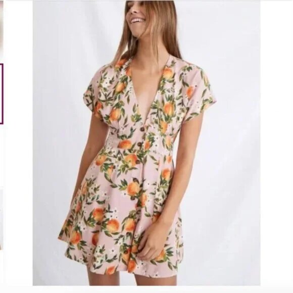 Marine Layer Camila Tropical Floral Orange Print Summer Pink Mini Dress Size M - Picture 1 of 4